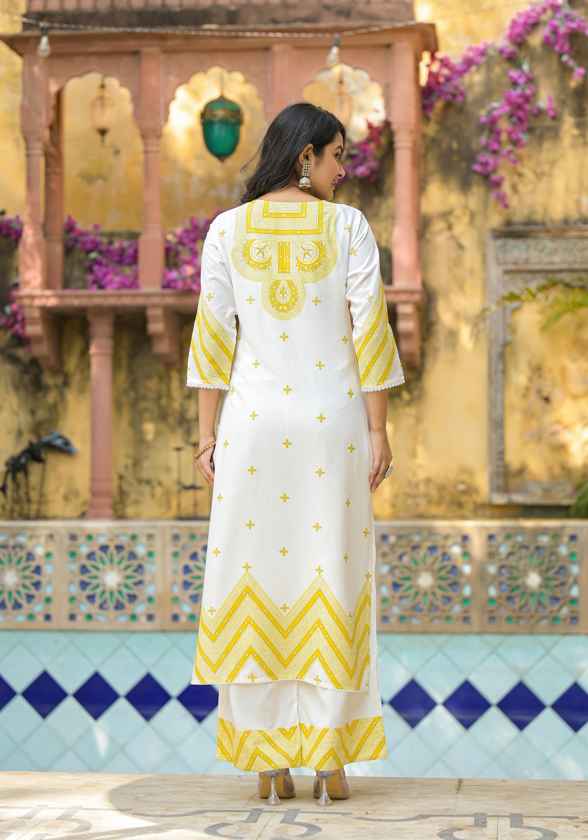 Juniper Mustard Ethnic Motif Printed Viscose Kurta Pant And Dupatta Set With Sequins & Beads | Grocsy