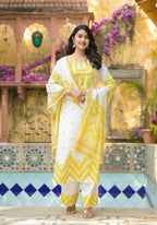 Juniper Mustard Ethnic Motif Printed Viscose Kurta Pant And Dupatta Set With Sequins & Beads | Grocsy