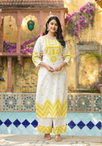 Juniper Mustard Ethnic Motif Printed Viscose Kurta Pant And Dupatta Set With Sequins & Beads | Grocsy