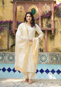 Juniper White Ethnic Motif Printed Viscose Kurta Pant And Dupatta Set With Sequins & Beads | Grocsy