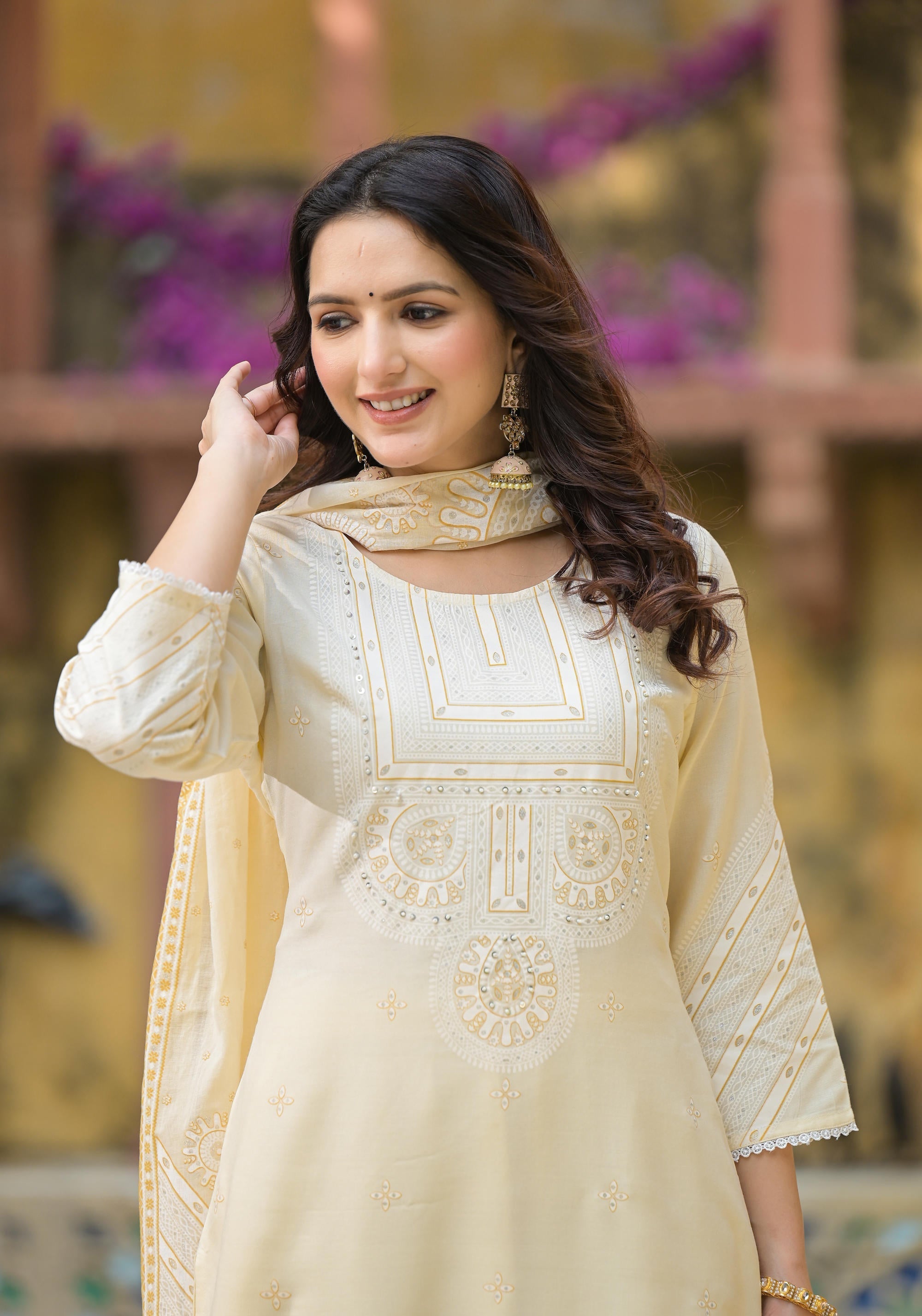 Juniper White Ethnic Motif Printed Viscose Kurta Pant And Dupatta Set With Sequins & Beads | Grocsy