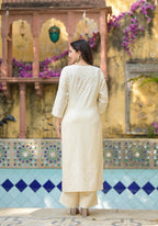 Juniper White Ethnic Motif Printed Viscose Kurta Pant And Dupatta Set With Sequins & Beads | Grocsy