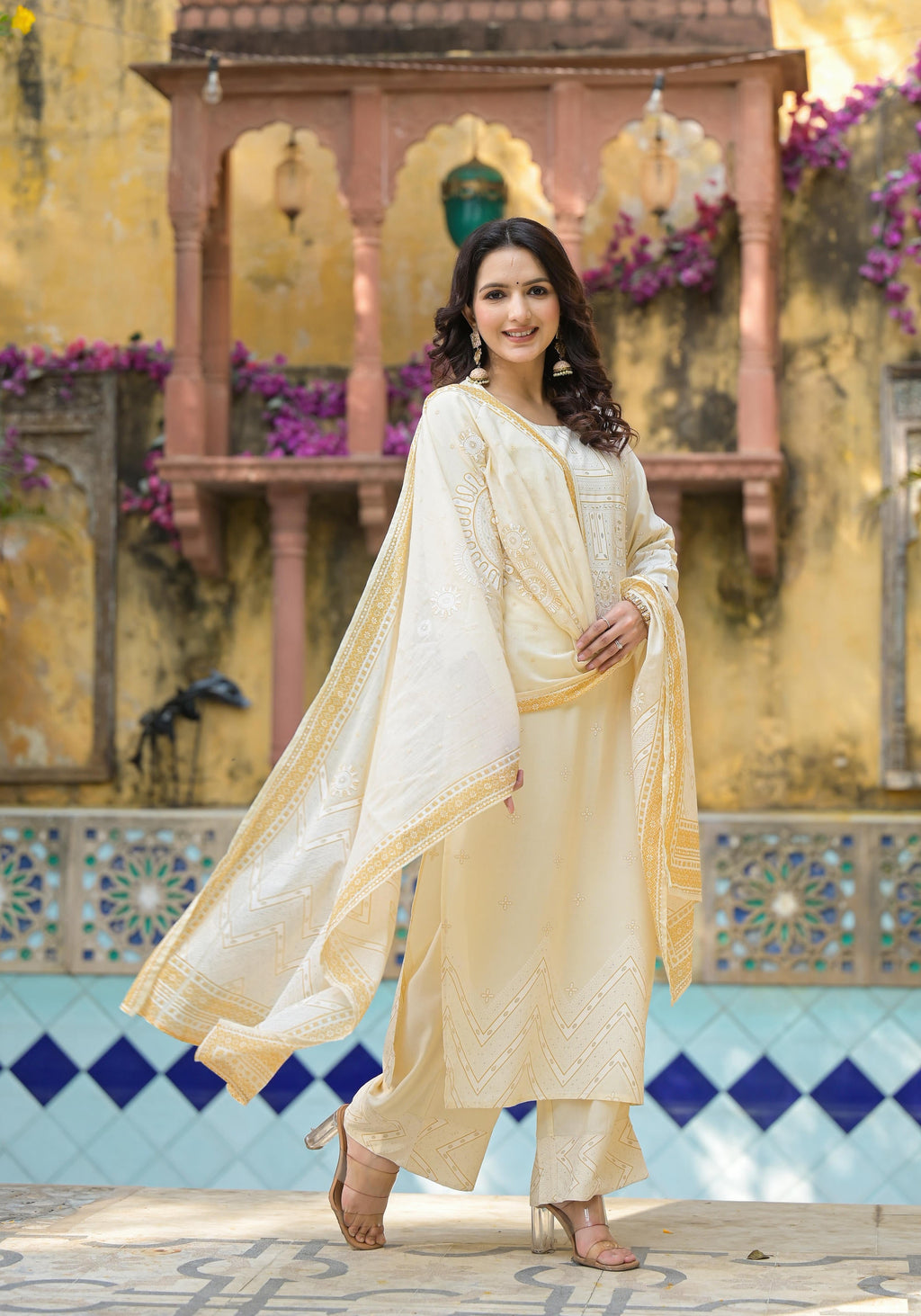 Juniper White Ethnic Motif Printed Viscose Kurta Pant And Dupatta Set With Sequins & Beads | Grocsy