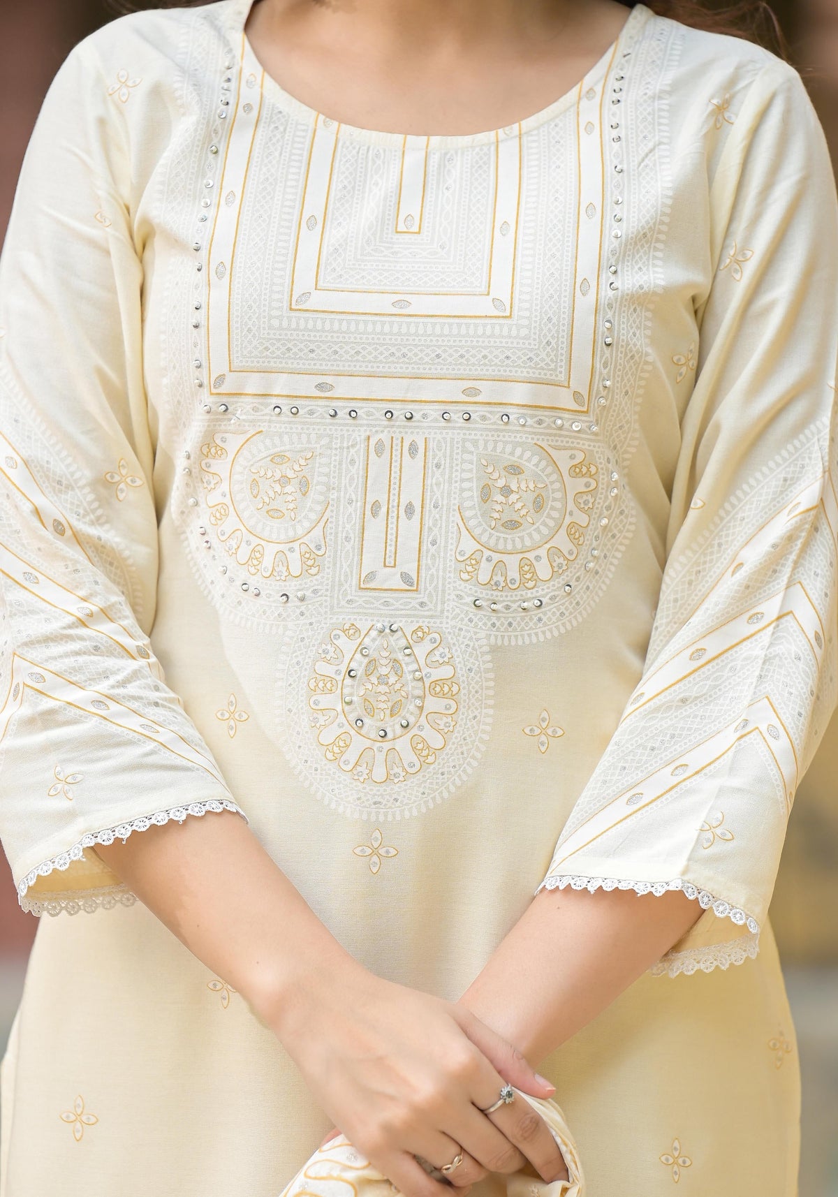 Juniper White Ethnic Motif Printed Viscose Kurta Pant And Dupatta Set With Sequins & Beads | Grocsy