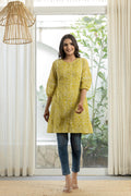 Juniper Lemon Ethnic Motif Printed Cotton Kurta With Button Closure | Grocsy