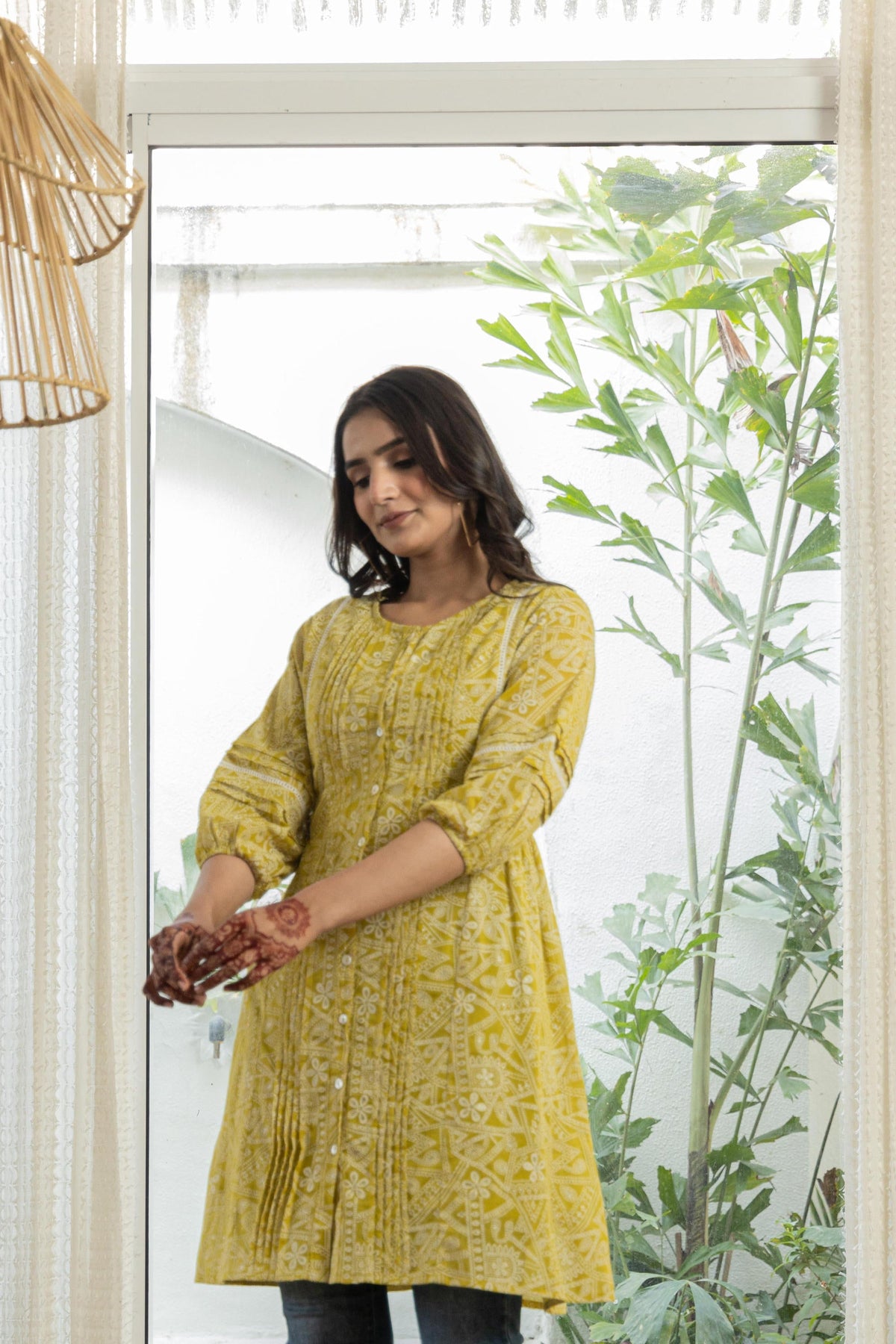 Juniper Lemon Ethnic Motif Printed Cotton Kurta With Button Closure | Grocsy