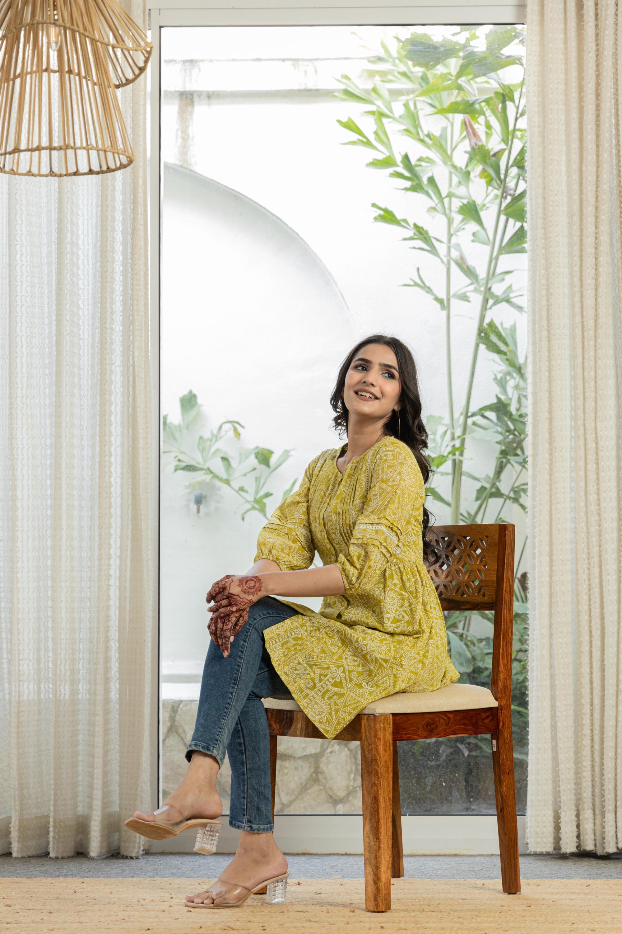 Juniper Lemon Ethnic Motif Printed Cotton Kurta With Button Closure | Grocsy