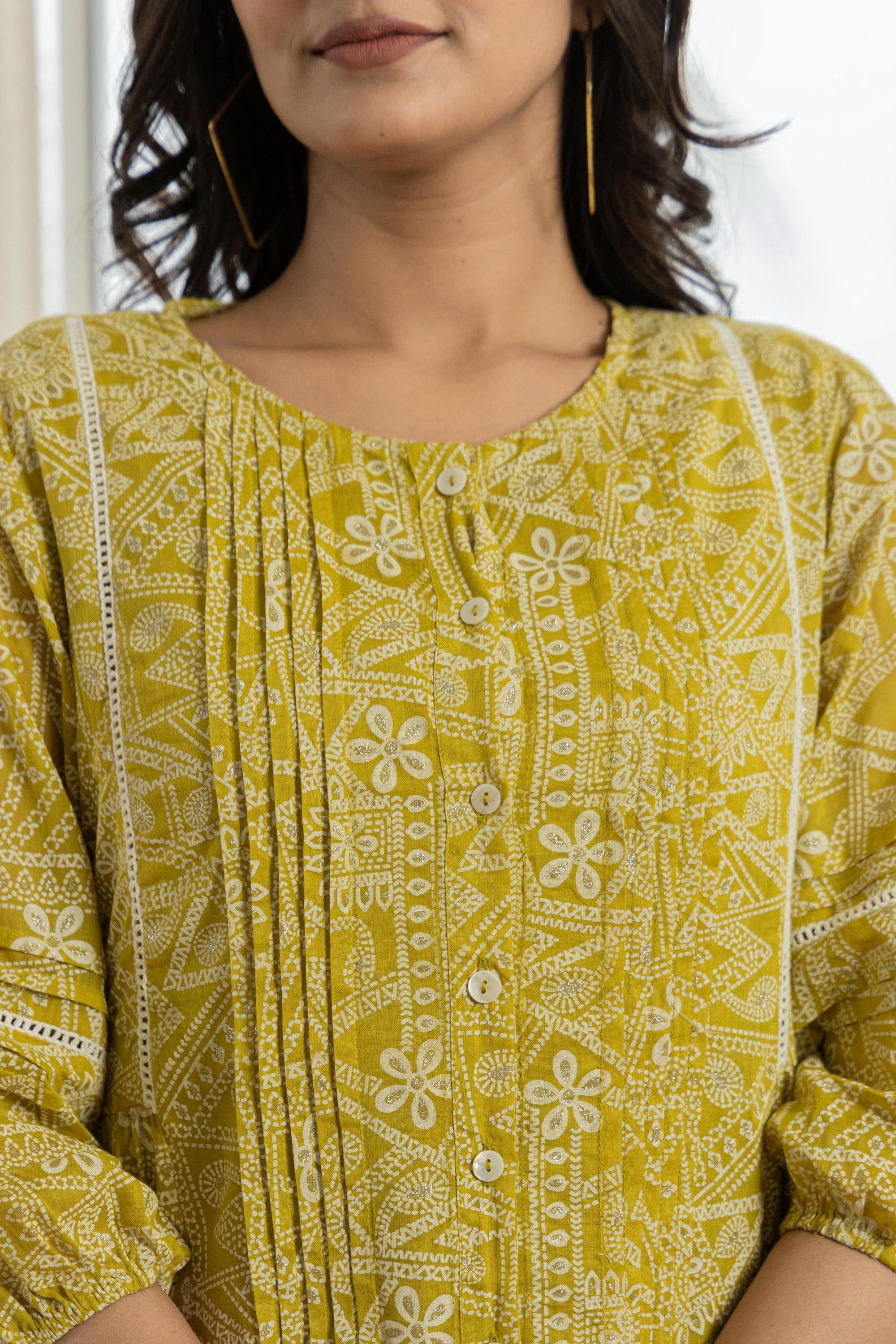 Juniper Lemon Ethnic Motif Printed Cotton Kurta With Button Closure | Grocsy
