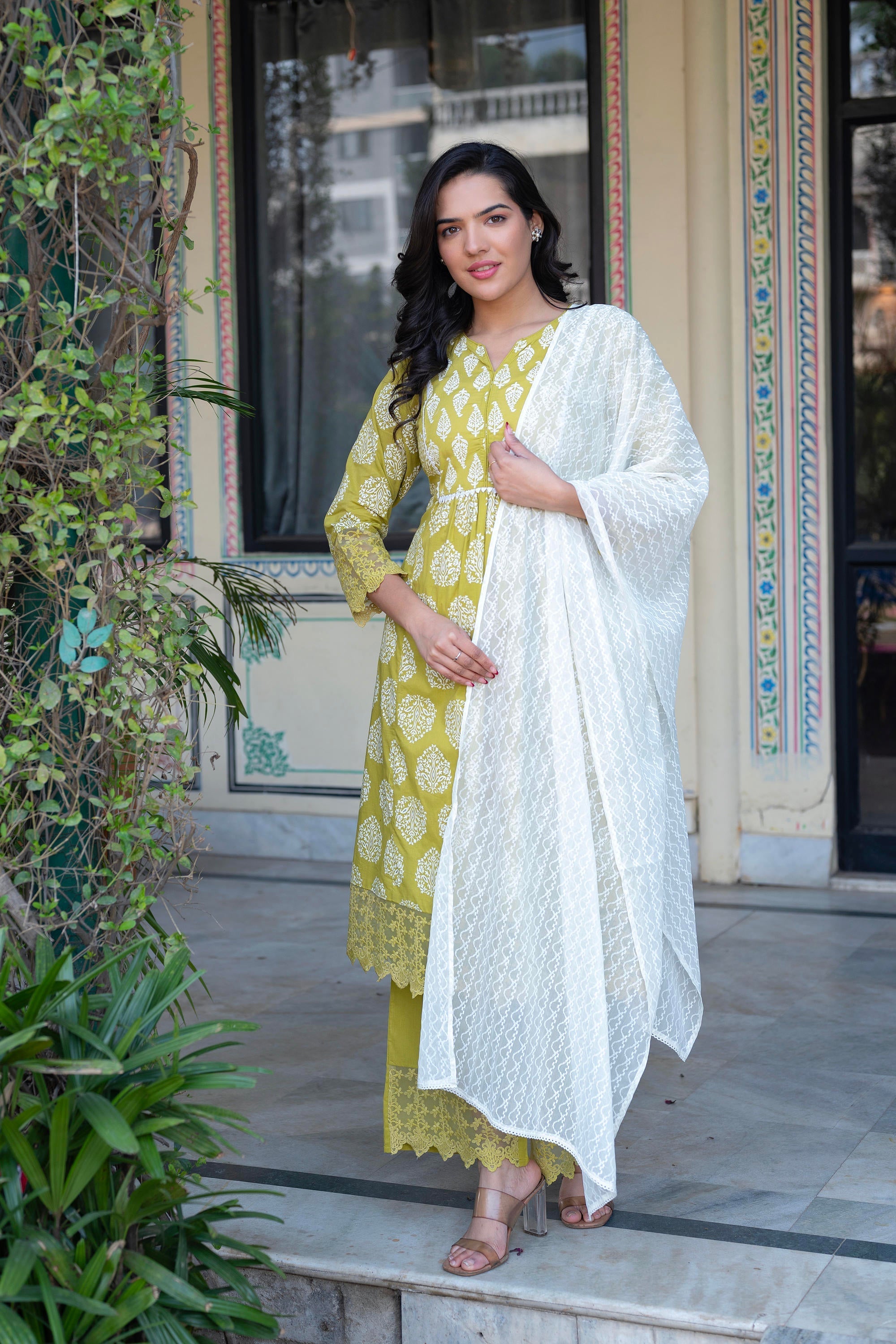 Juniper Lime Green Printed Cotton Kurta with Palazzo & Chiffon Dupatta | Grocsy