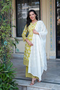 Juniper Lime Green Printed Cotton Kurta With Palazzo & Chiffon Dupatta | Grocsy