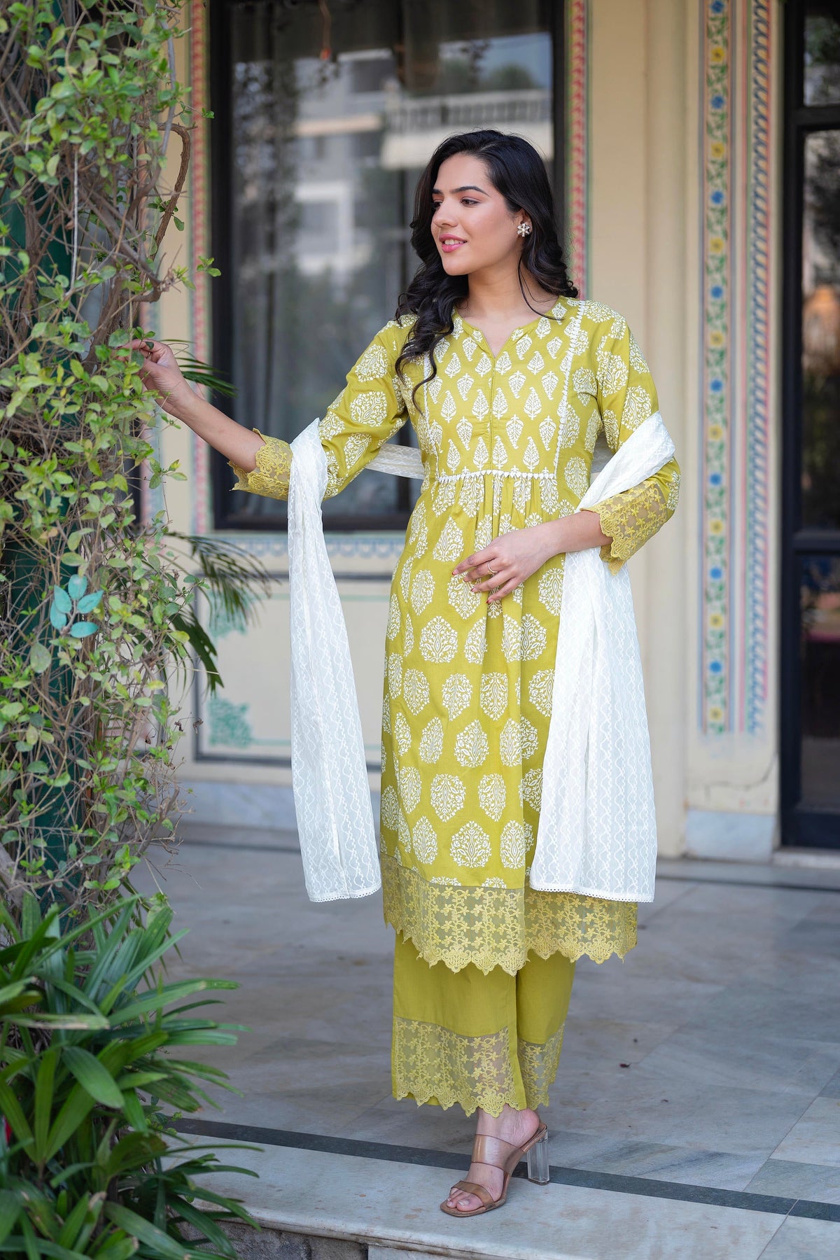 Juniper Lime Green Printed Cotton Kurta with Palazzo & Chiffon Dupatta | Grocsy