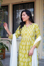 Juniper Lime Green Printed Cotton Kurta with Palazzo & Chiffon Dupatta | Grocsy