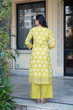 Juniper Lime Green Printed Cotton Kurta with Palazzo & Chiffon Dupatta | Grocsy