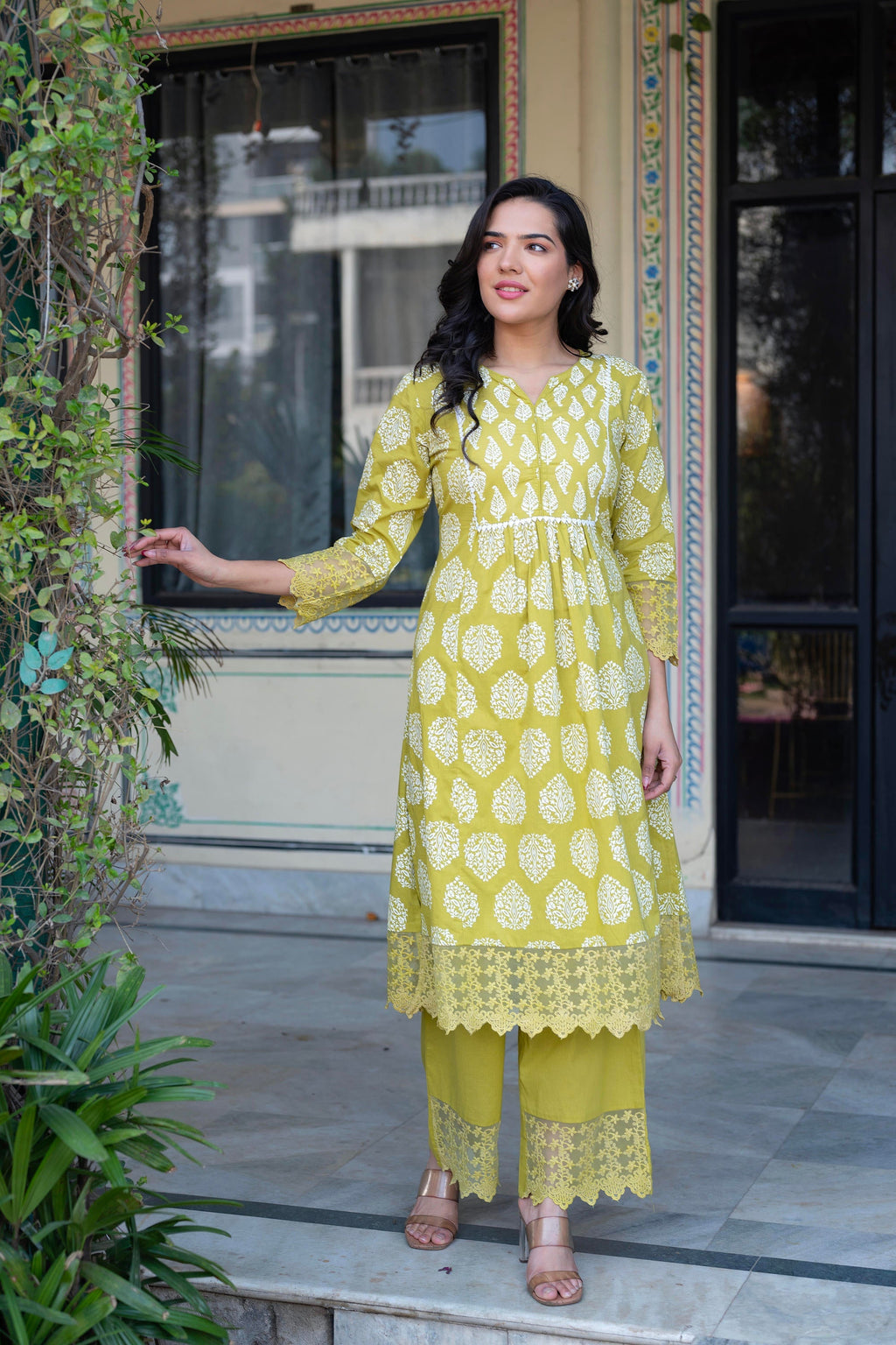 Juniper Lime Green Printed Cotton Kurta with Palazzo & Chiffon Dupatta | Grocsy