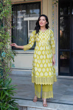 Juniper Lime Green Printed Cotton Kurta with Palazzo & Chiffon Dupatta | Grocsy