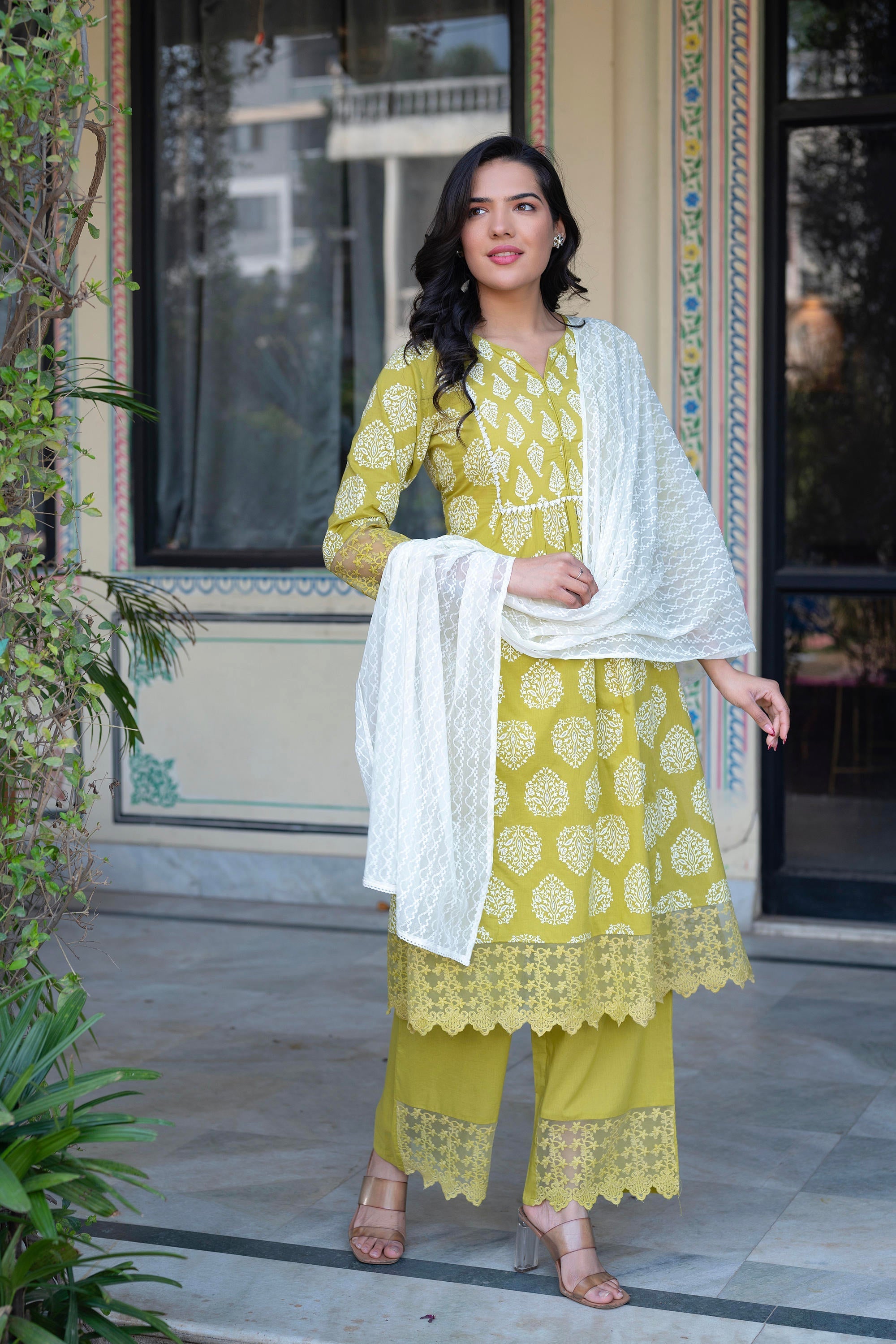 Juniper Lime Green Printed Cotton Kurta with Palazzo & Chiffon Dupatta | Grocsy