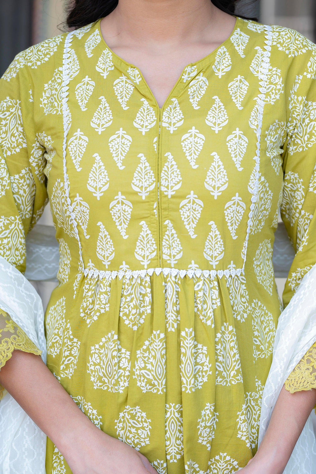 Juniper Lime Green Printed Cotton Kurta with Palazzo & Chiffon Dupatta | Grocsy