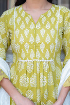 Juniper Lime Green Printed Cotton Kurta with Palazzo & Chiffon Dupatta | Grocsy