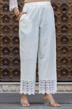 Juniper White Ethnic Motif Printed Cotton Kurta Set With Lace & Thread Work | Grocsy