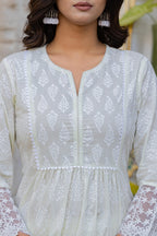 Juniper White Ethnic Motif Printed Cotton Kurta Set With Lace & Thread Work | Grocsy