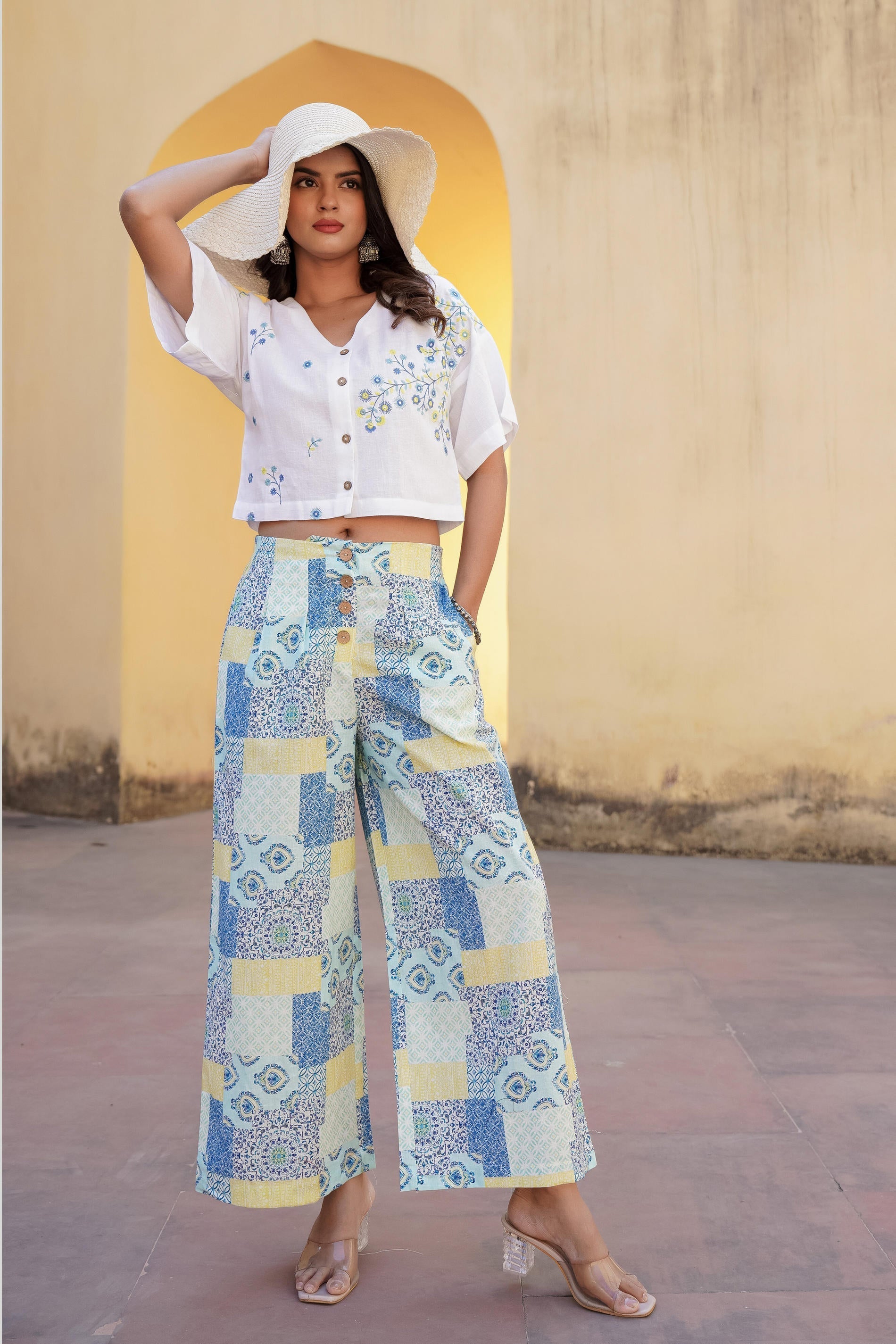 Juniper Blue Ethnic Motif Printed Viscose Top & Palazzo With Thread & Mirror Work | Grocsy