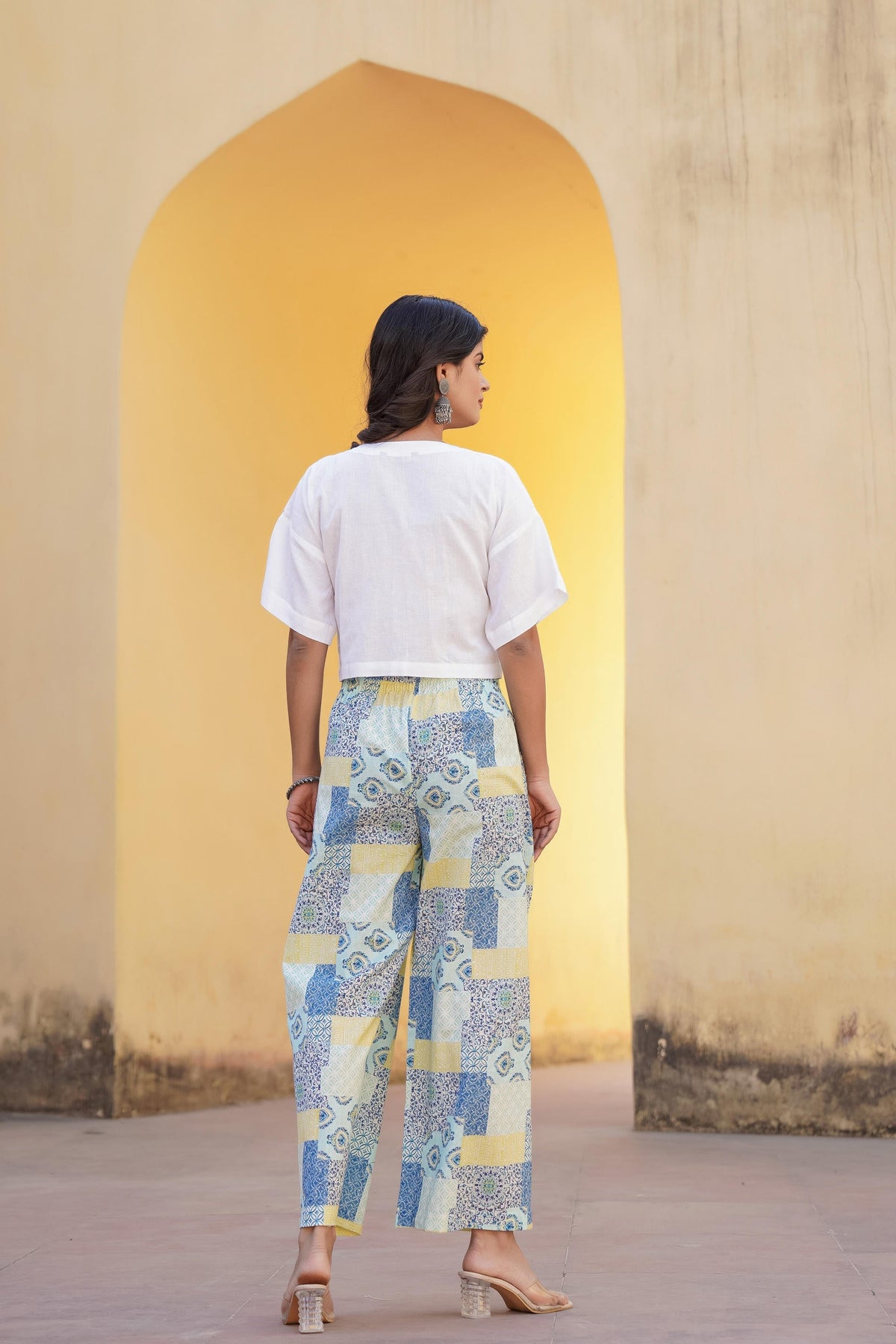 Juniper Blue Ethnic Motif Printed Viscose Top & Palazzo With Thread & Mirror Work | Grocsy