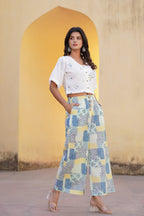 Juniper Blue Ethnic Motif Printed Viscose Top & Palazzo With Thread & Mirror Work | Grocsy