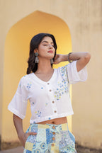 Juniper Blue Ethnic Motif Printed Viscose Top & Palazzo With Thread & Mirror Work | Grocsy
