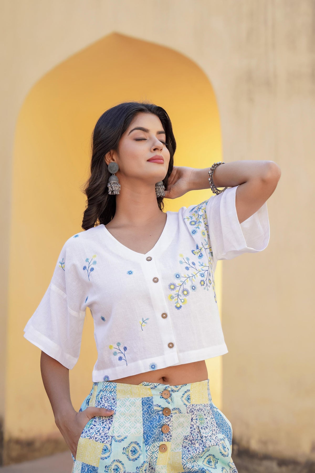 Juniper Blue Ethnic Motif Printed Viscose Top & Palazzo With Thread & Mirror Work | Grocsy