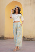 Juniper White & Mint Green Ethnic Motif Printed Viscose Top & Palazzo With Thread & Mirror Work | Grocsy