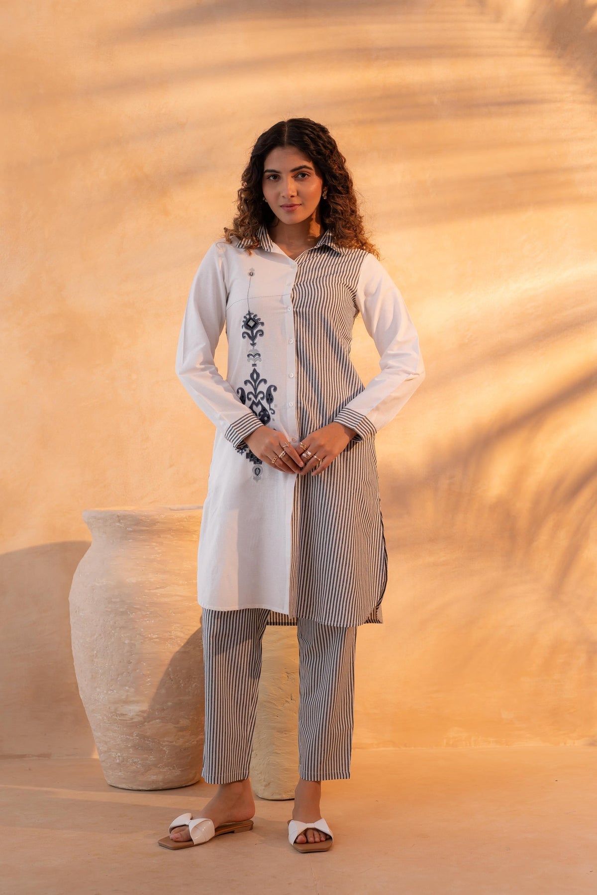 Juniper Black & White Divide Embroidered Panel Kurta Set | Grocsy