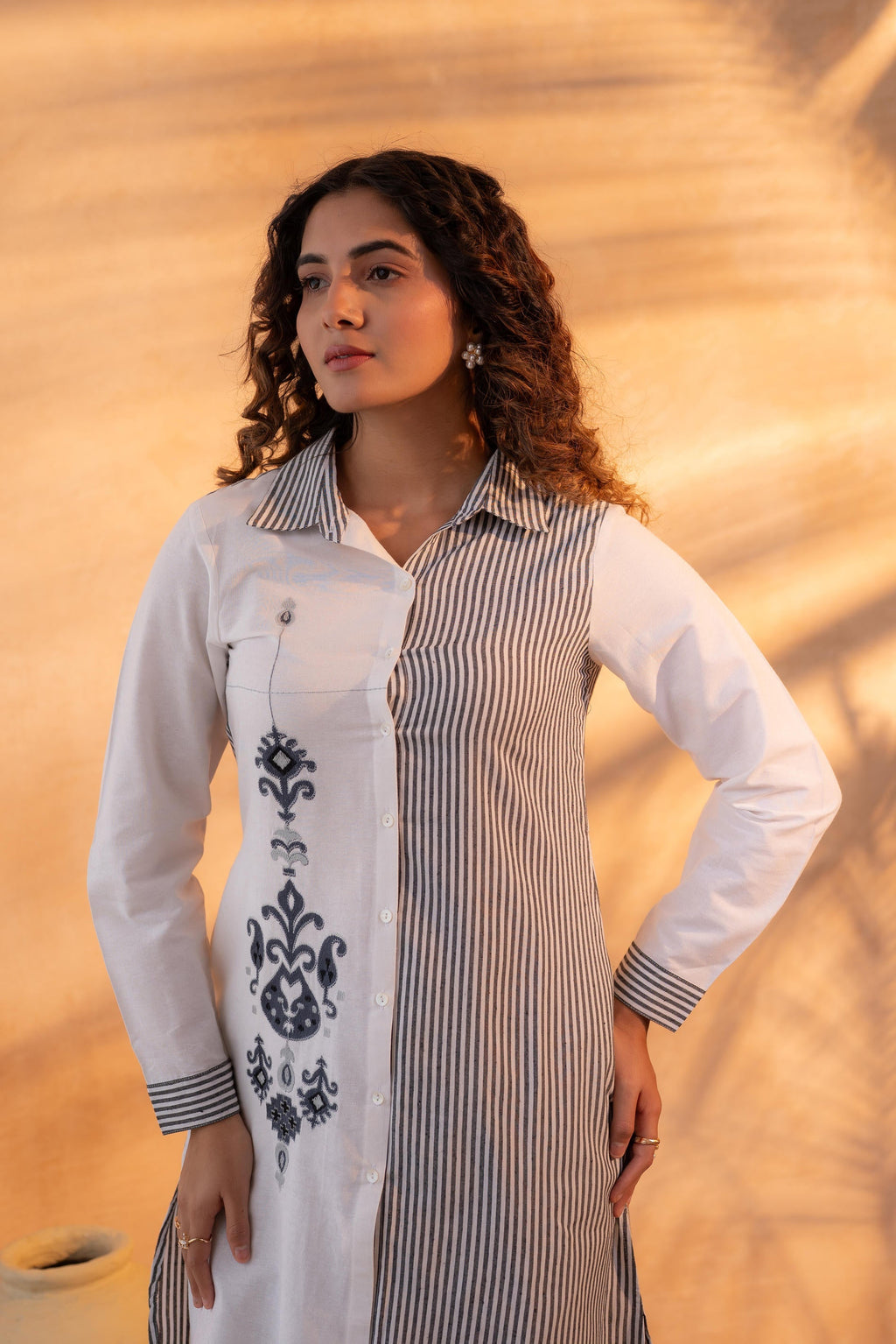 Juniper Black & White Divide Embroidered Panel Kurta Set | Grocsy
