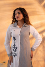 Juniper Black & White Divide Embroidered Panel Kurta Set | Grocsy