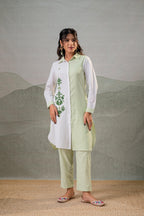 Juniper LightGreen & White Divide Embroidered Panel Kurta Set | Grocsy