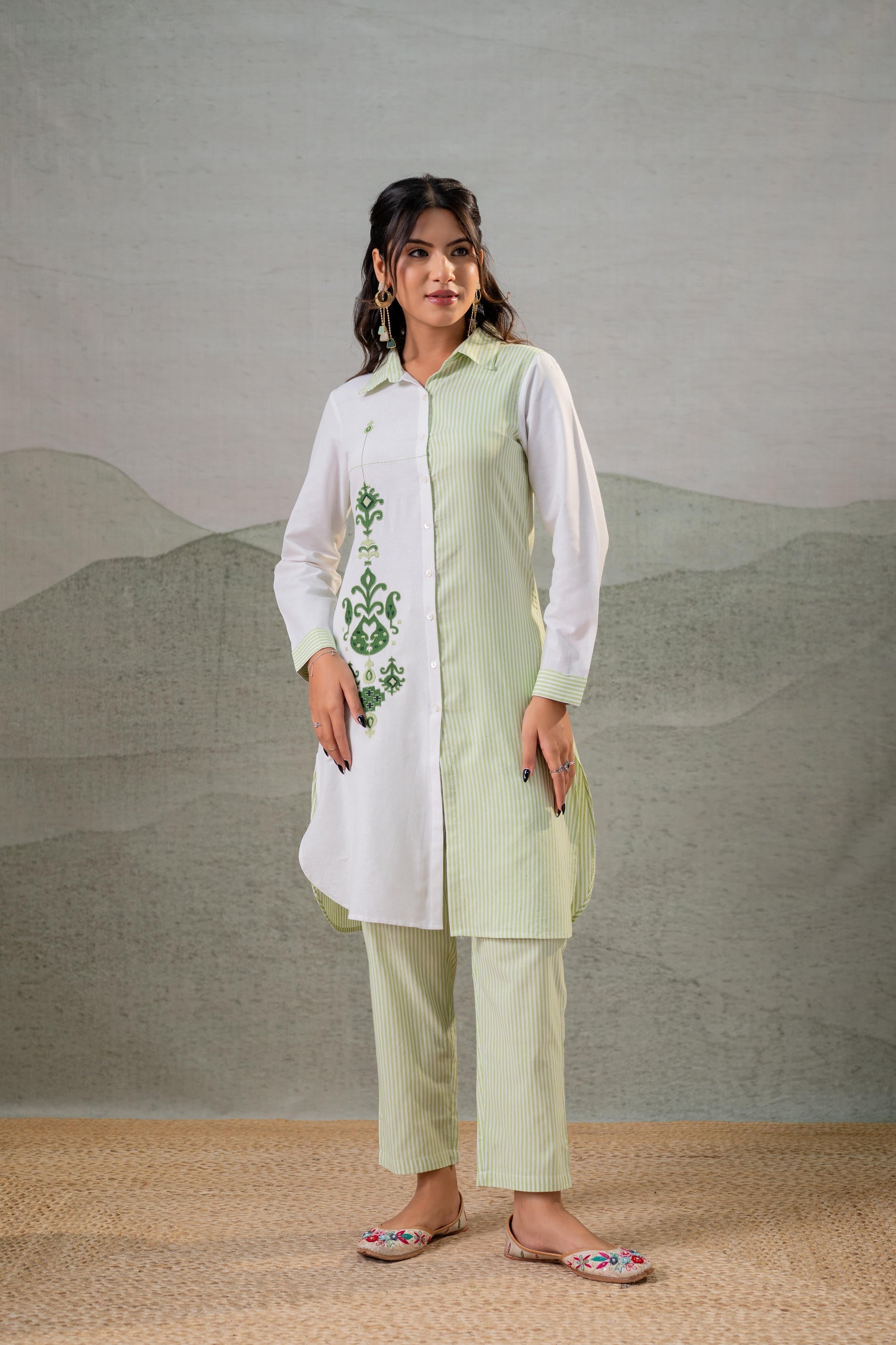 Juniper LightGreen & White Divide Embroidered Panel Kurta Set | Grocsy