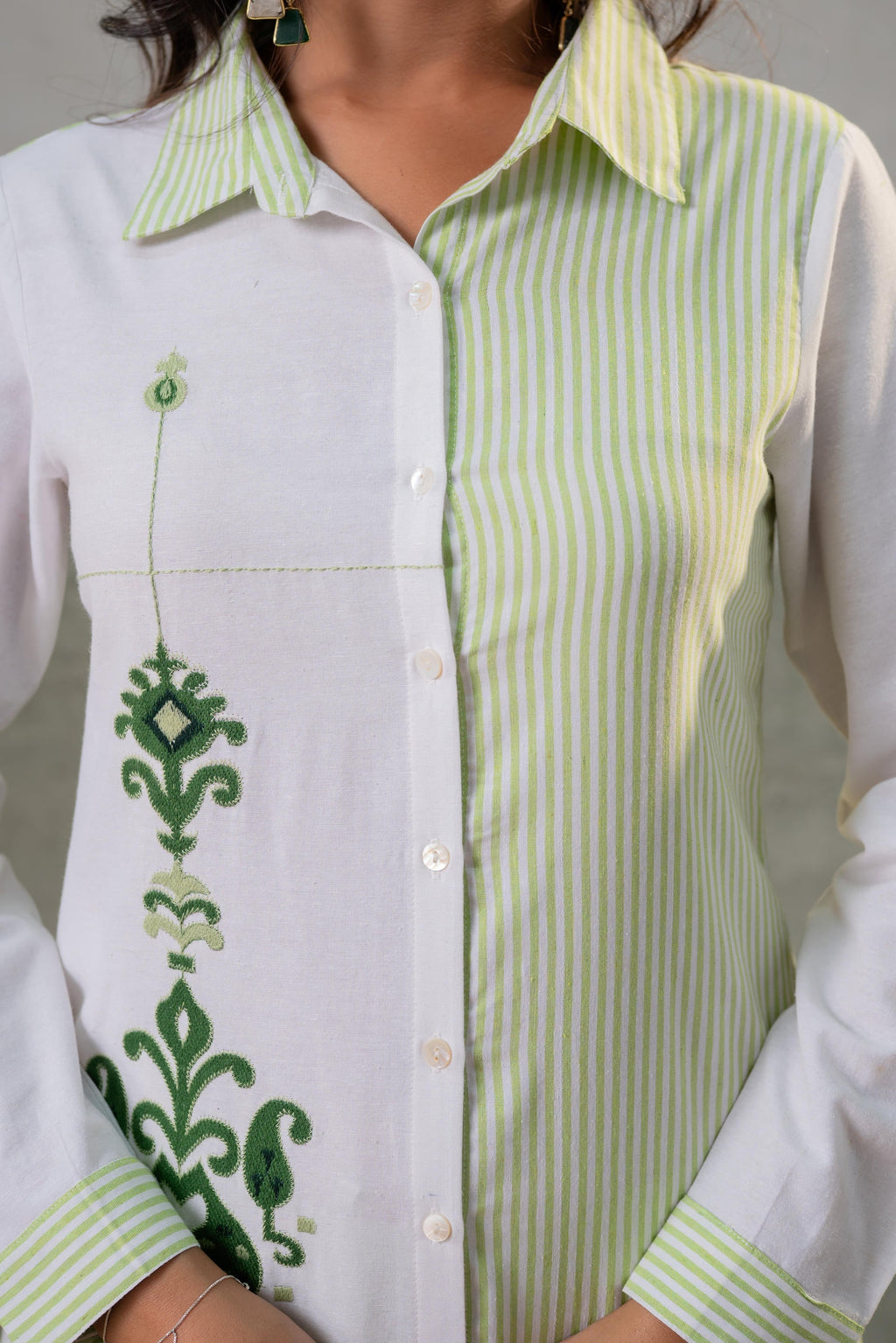 Juniper LightGreen & White Divide Embroidered Panel Kurta Set | Grocsy