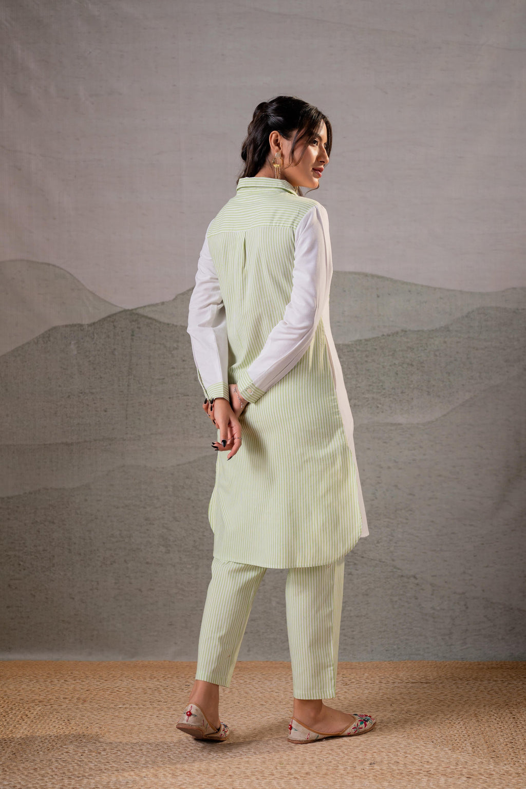 Juniper LightGreen & White Divide Embroidered Panel Kurta Set | Grocsy