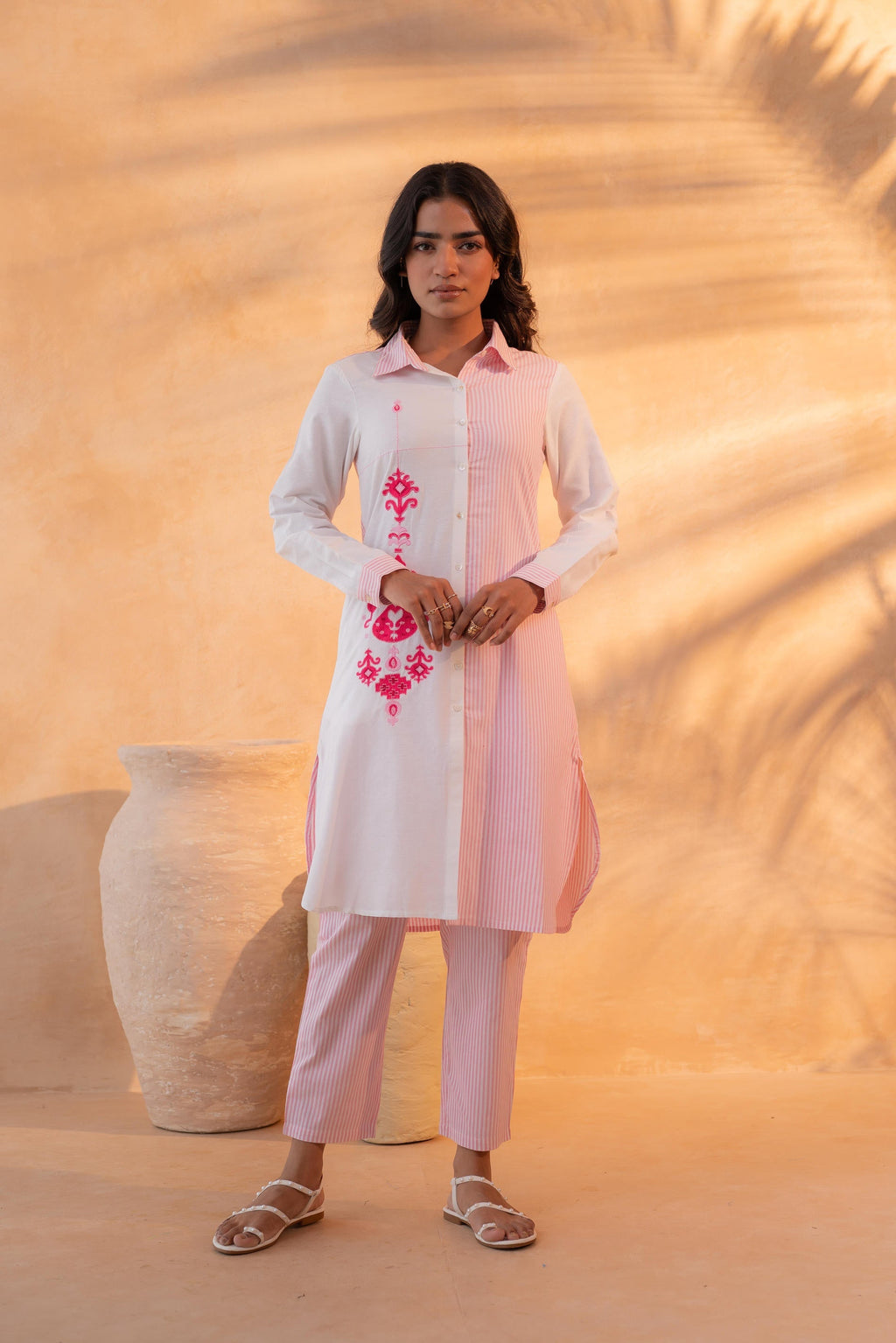 Juniper Pink & White Divide Embroidered Panel Kurta Set | Grocsy