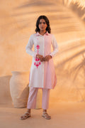 Juniper Pink & White Divide Embroidered Panel Kurta Set | Grocsy