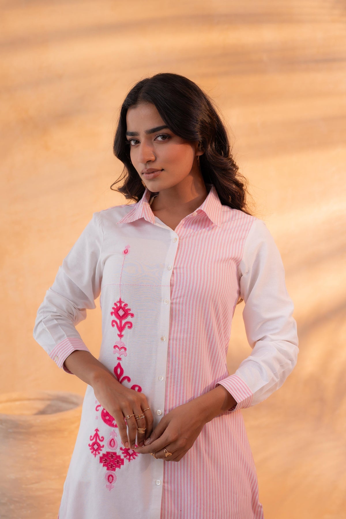 Juniper Pink & White Divide Embroidered Panel Kurta Set | Grocsy