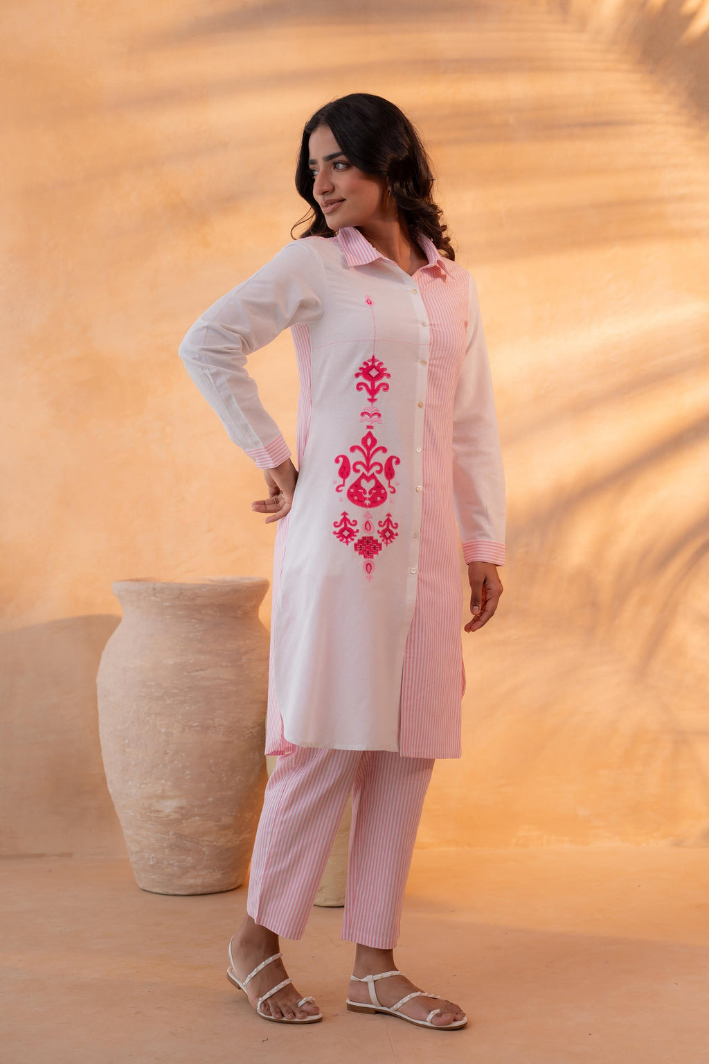 Juniper Pink & White Divide Embroidered Panel Kurta Set | Grocsy
