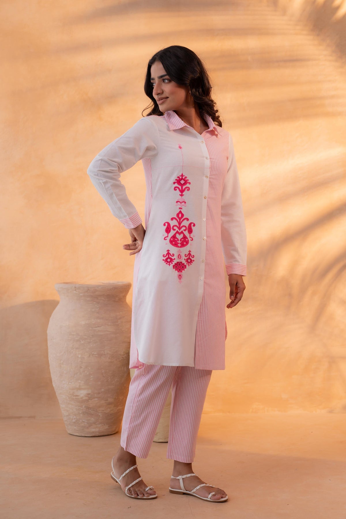 Juniper Pink & White Divide Embroidered Panel Kurta Set | Grocsy