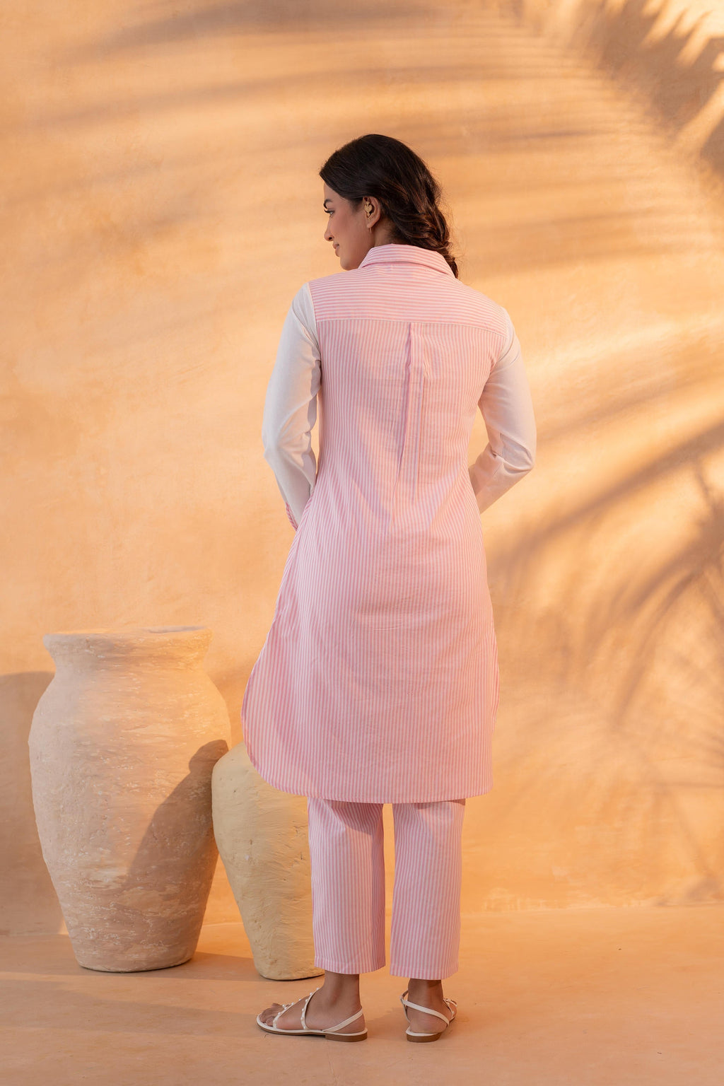 Juniper Pink & White Divide Embroidered Panel Kurta Set | Grocsy