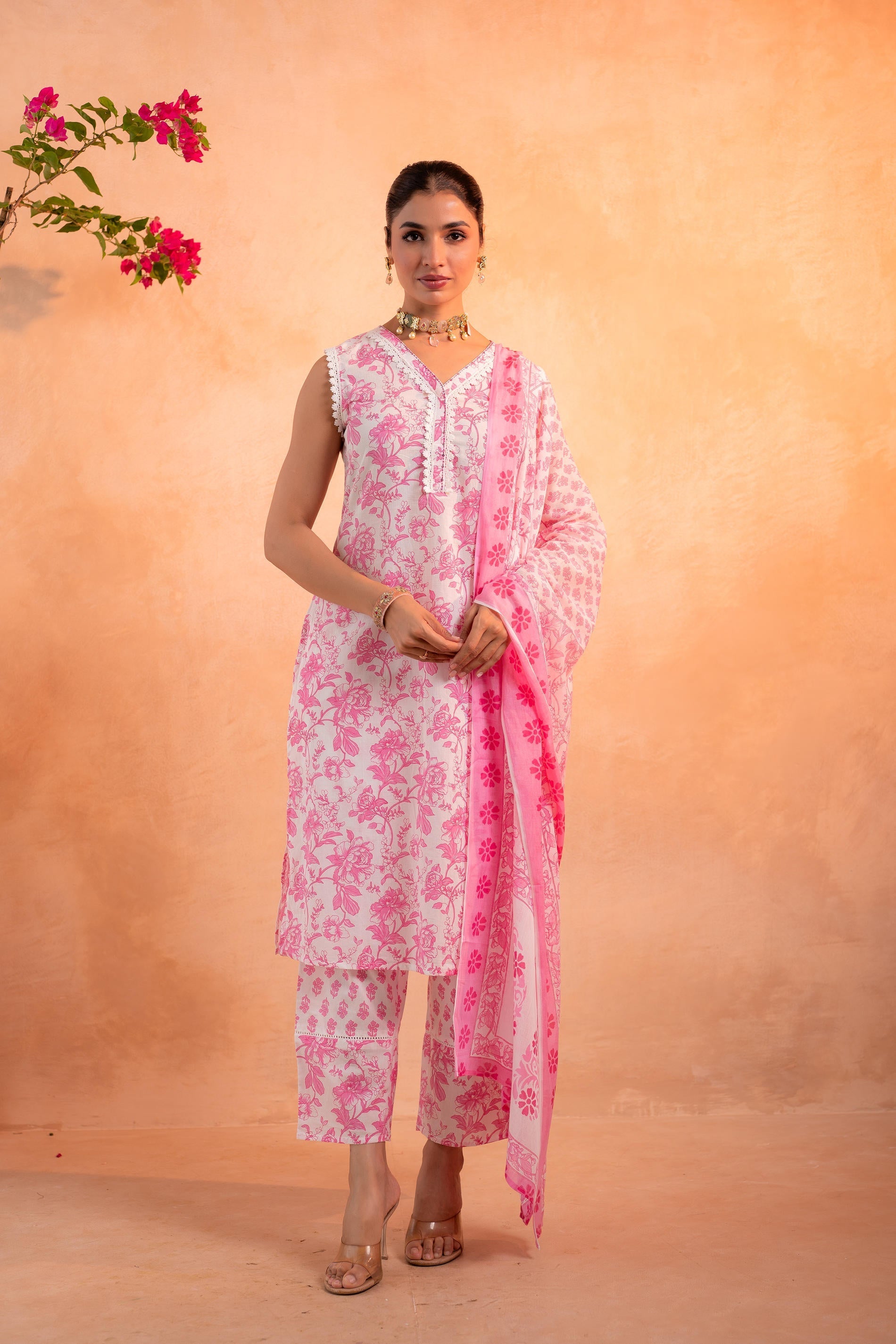 Juniper Pink Whisper Floral Kurta Pant And Dupatta Set | Grocsy