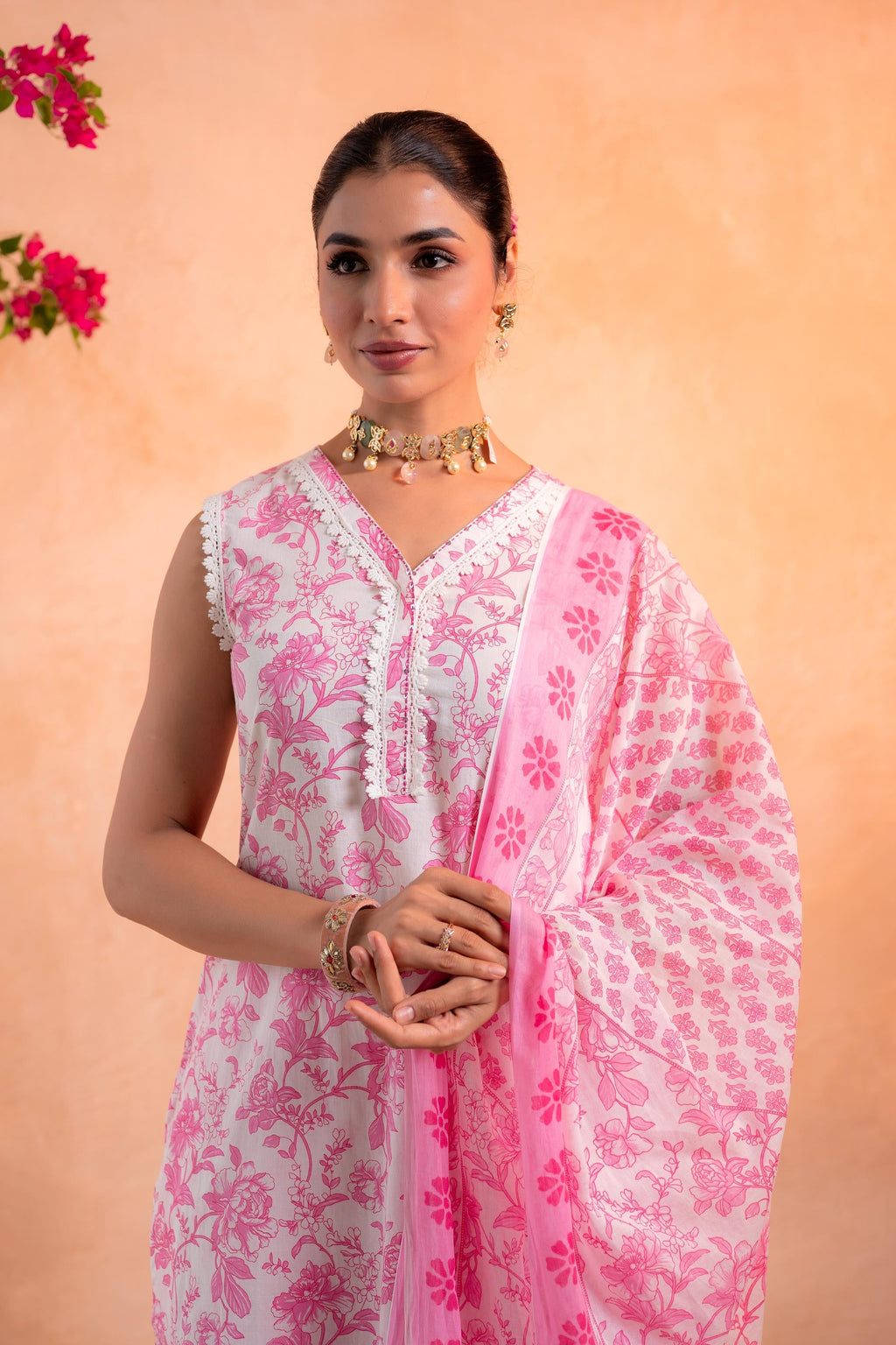 Juniper Pink Whisper Floral Kurta Pant And Dupatta Set | Grocsy