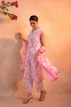 Juniper Pink Whisper Floral Kurta Pant And Dupatta Set | Grocsy