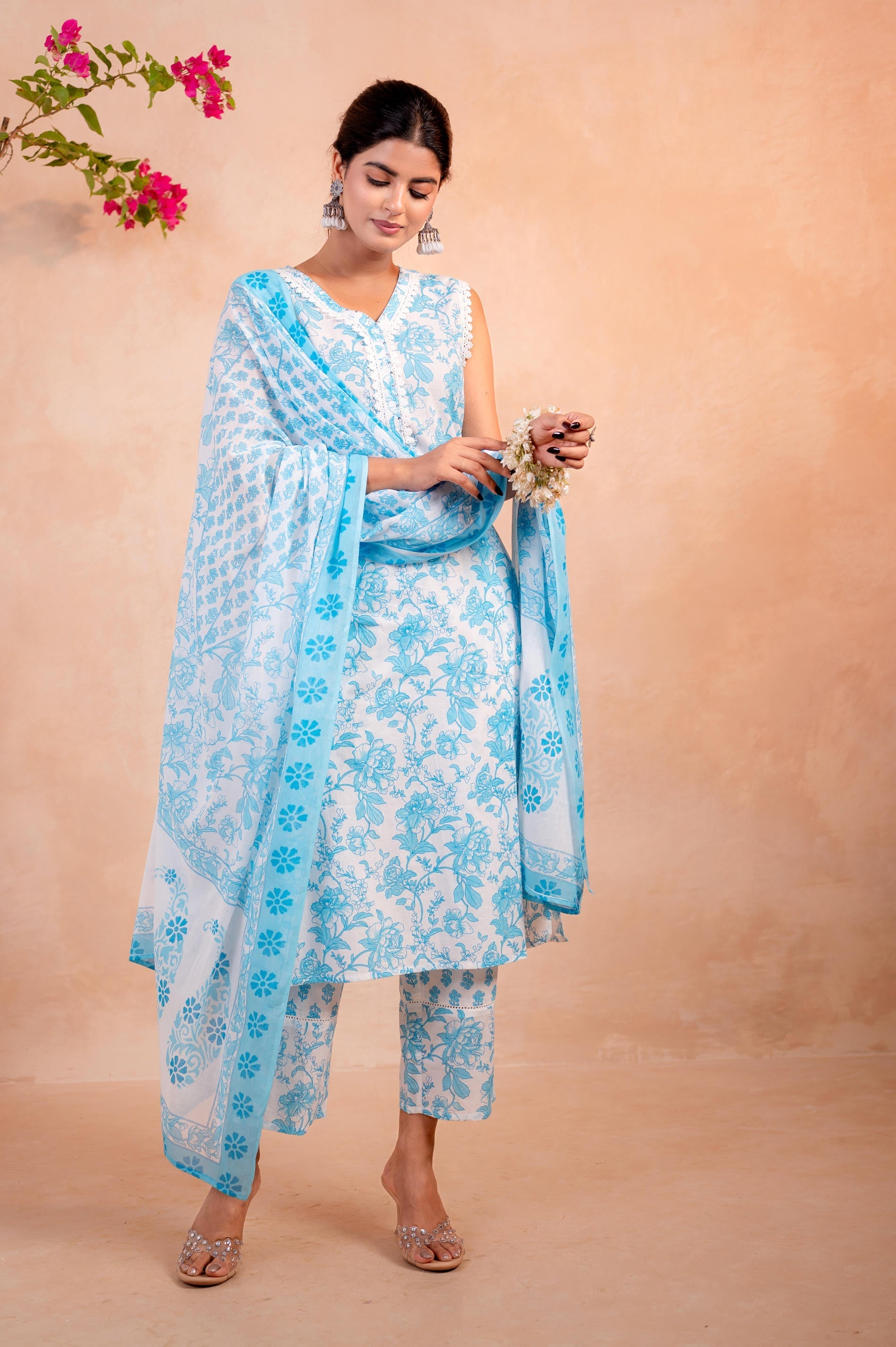 Juniper Sky Blue Whisper Floral Kurta Pant And Dupatta Set | Grocsy