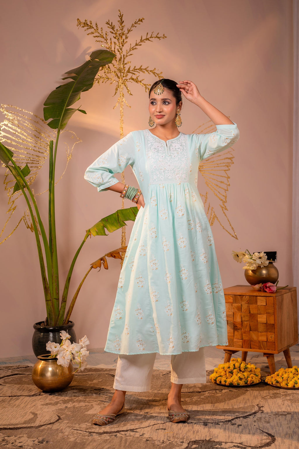 Juniper Ocean Aqua Embroidered Kurta | Grocsy