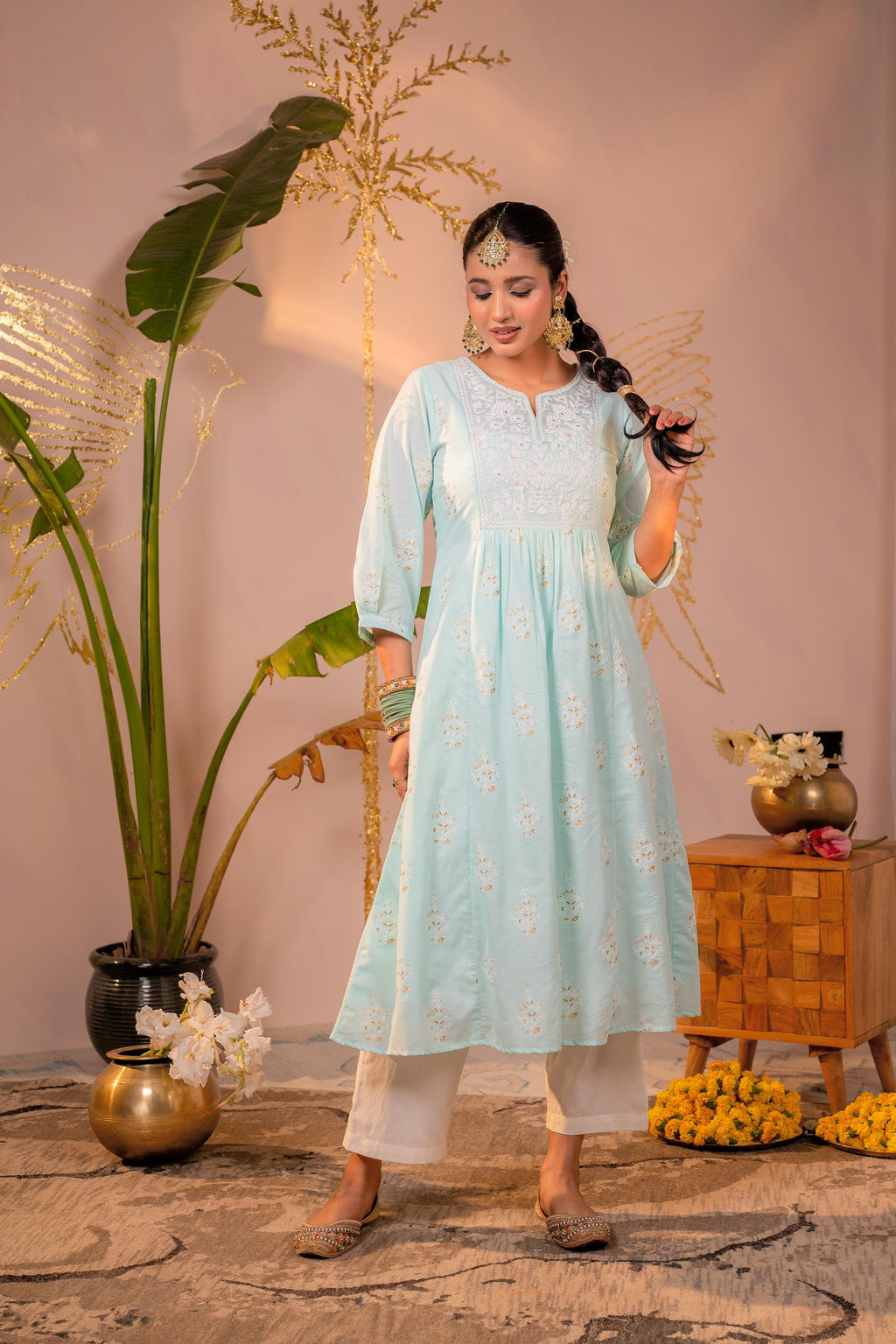 Juniper Ocean Aqua Embroidered Kurta | Grocsy