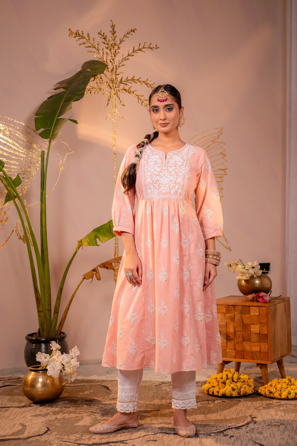 Juniper Gulnaar Peach Embroidered Kurta | Grocsy